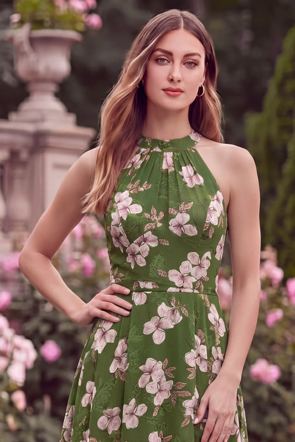 Halter Green Printed Flower A Line High Low Wedding Guest Dress