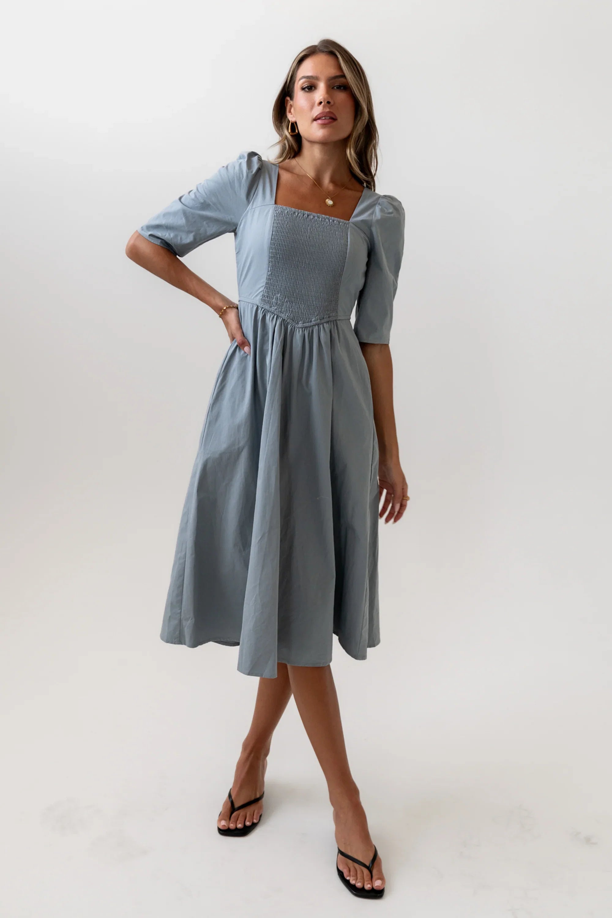Paisley Smocked Midi Dress in Slate Blue FINAL SALE