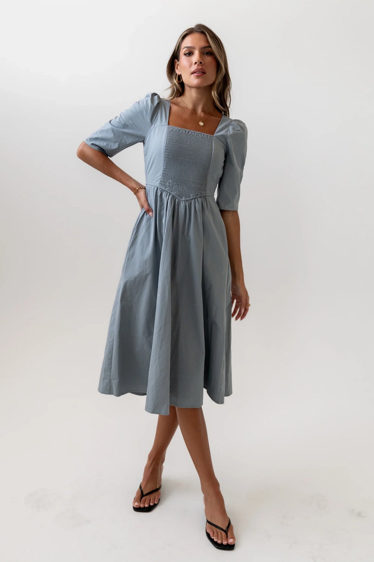 Paisley Smocked Midi Dress in Slate Blue FINAL SALE
