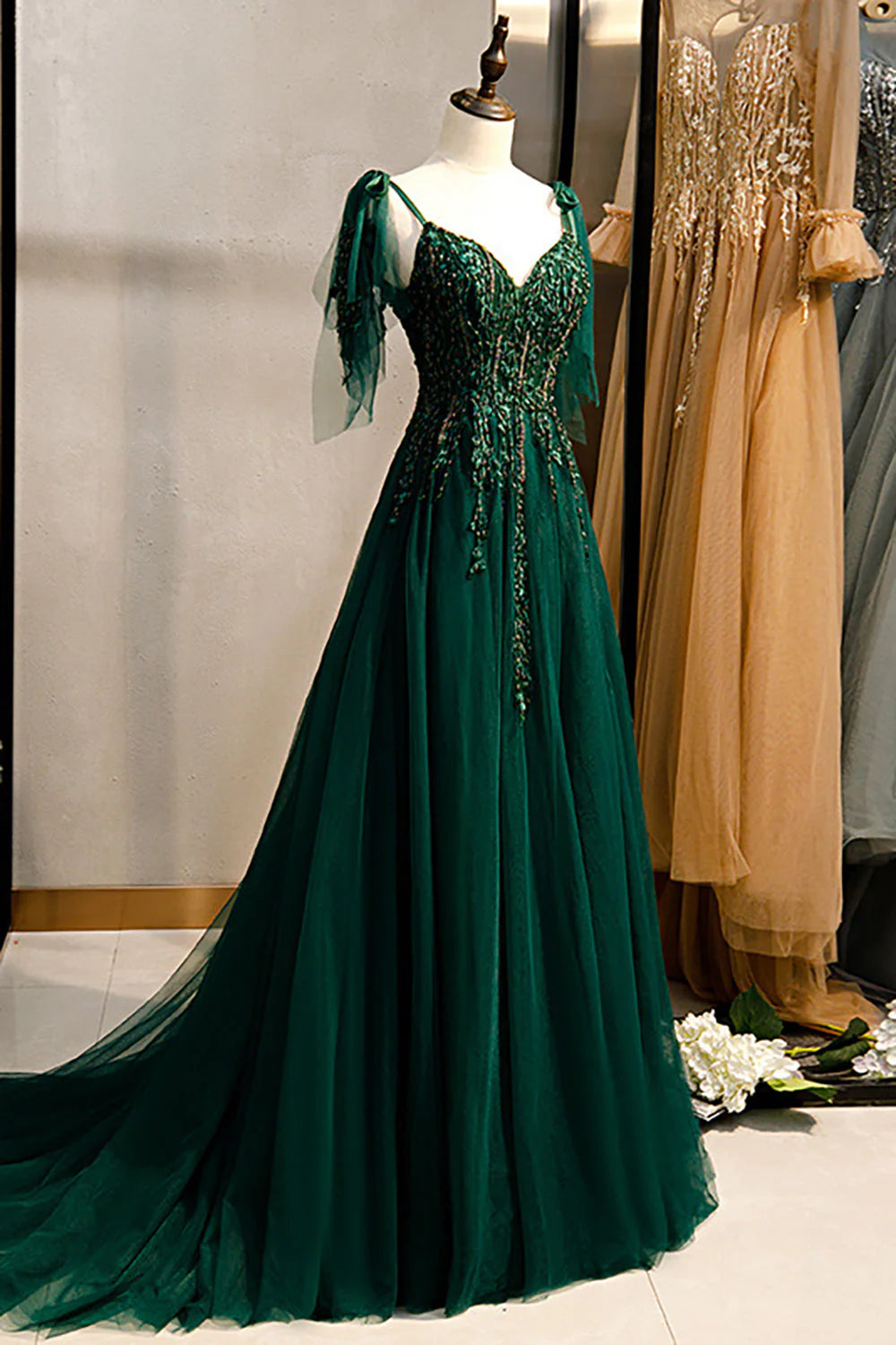 Dark Green A Line Spaghetti Straps Prom Dress with Beading