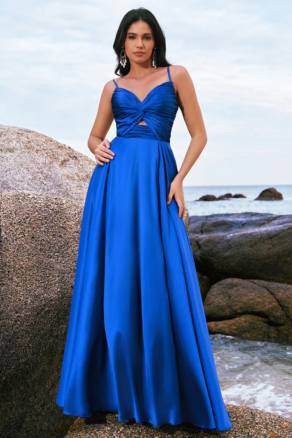 Ink Blue A Line Keyhole Satin Pleated Long Bridesmaid Dress with Slit