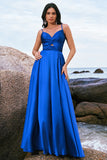 Ink Blue A Line Keyhole Satin Pleated Long Bridesmaid Dress with Slit