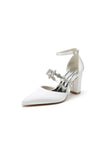 Satin Pointed Toe Rhinestone Strappy Chunky Heels
