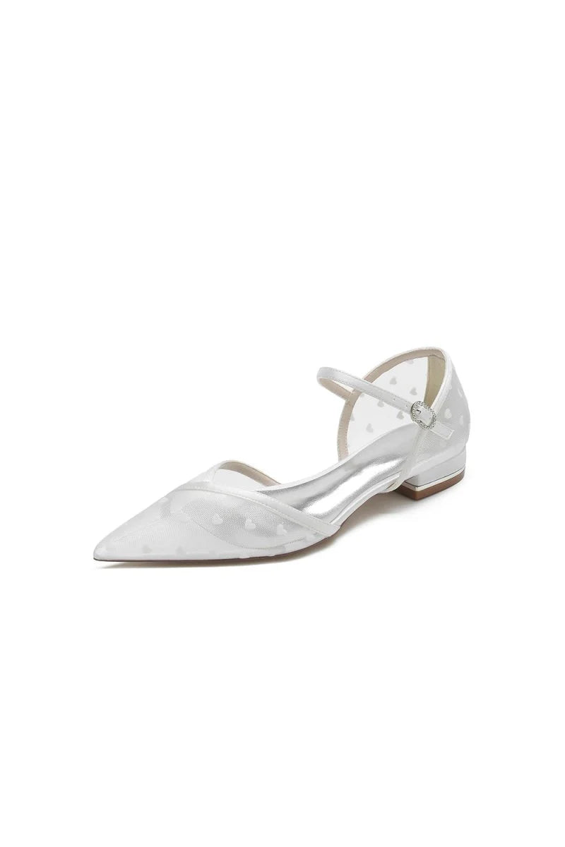 Pointed Toe Strap Buckle Mesh Low Heels