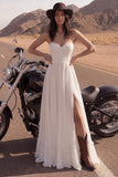 Simple Ivory A Line Strapless Maxi Wedding Dress with Slit