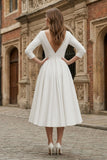Vintage Sleeved A Line V neck Satin Tea Length Wedding Dress