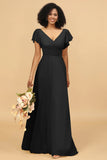 V Neck Cape Long Floor Length Chiffon Bridesmaid Dress