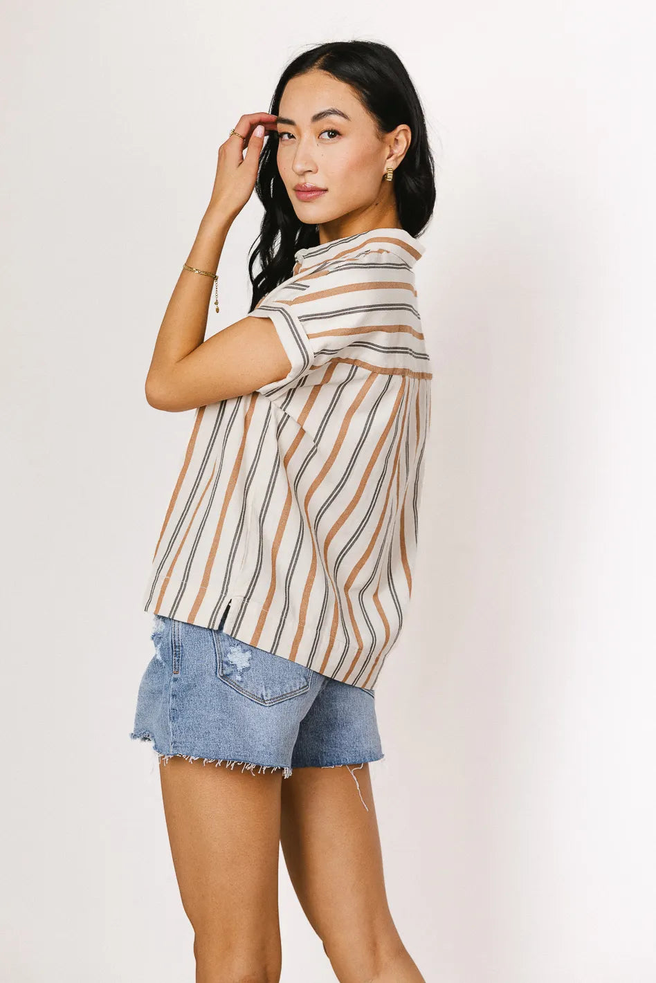 Gabby Striped Button Up in Tan FINAL SALE