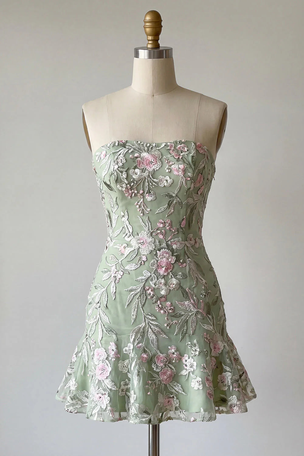 Strapless Bodycon Embroidered Sage Green Homecoming Dress