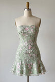 Strapless Bodycon Embroidered Sage Green Homecoming Dress