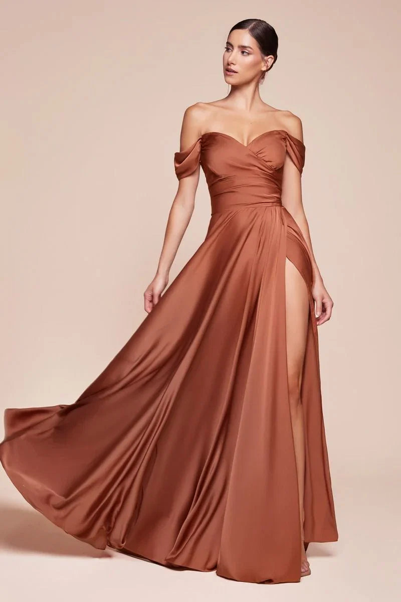 JILLIAN GOWN A LINE SOFT SATIN OFF THE SHOULDER DRESS