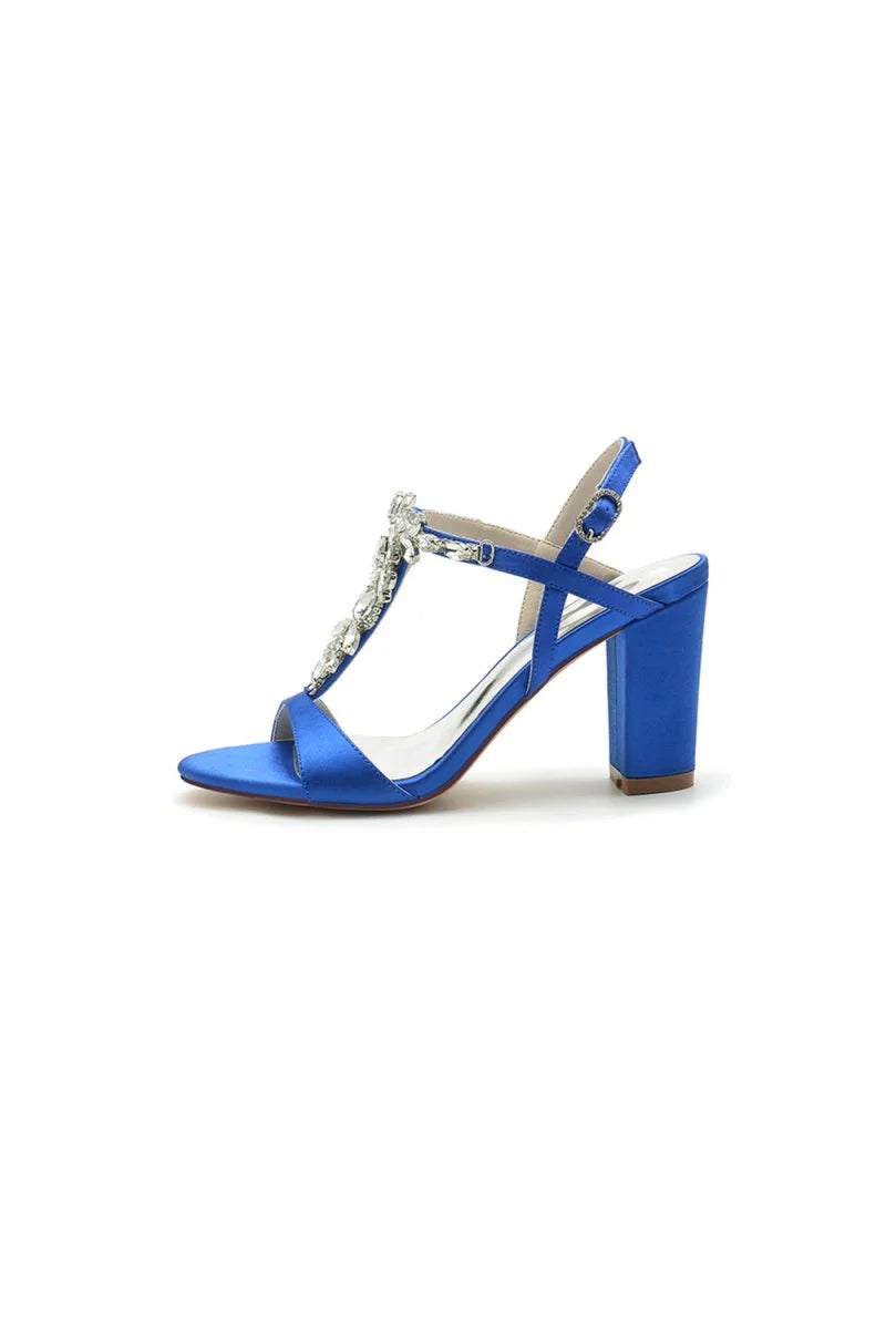 Open Toe Chunky Heels With Rhinestone Flower