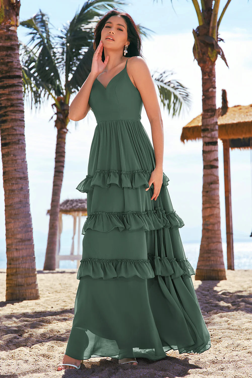 Eucalyptus A Line Spaghetti Straps Tiered Chiffon Long Bridesmaid Dress