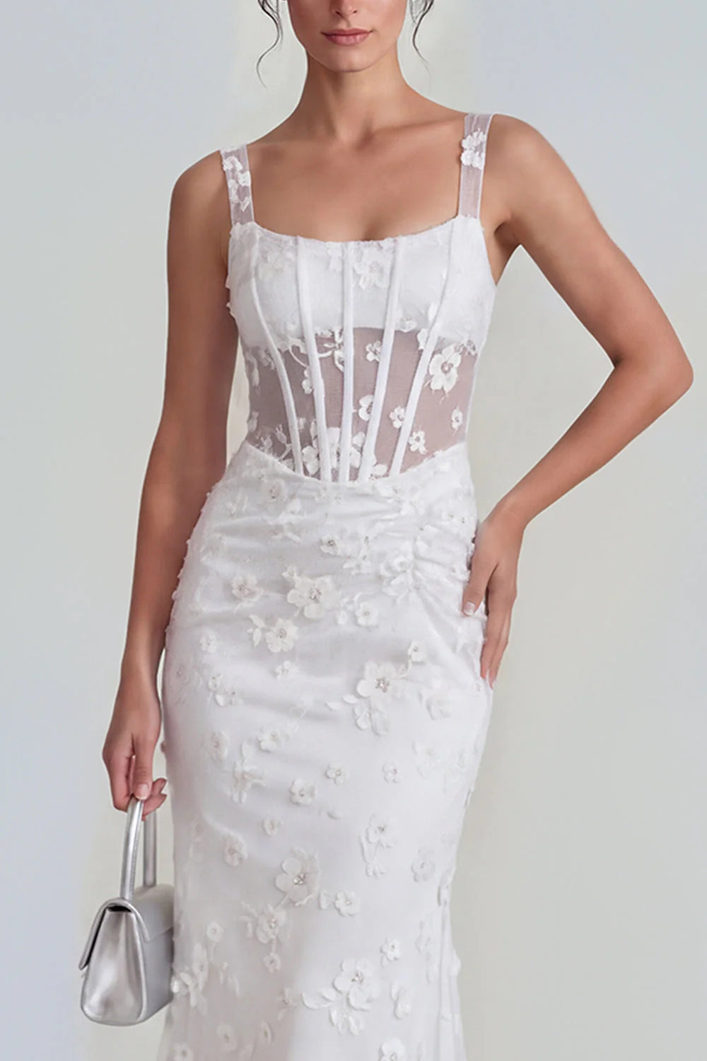 Floral Pink Ruched Mermaid Corset Wedding Guest Dress