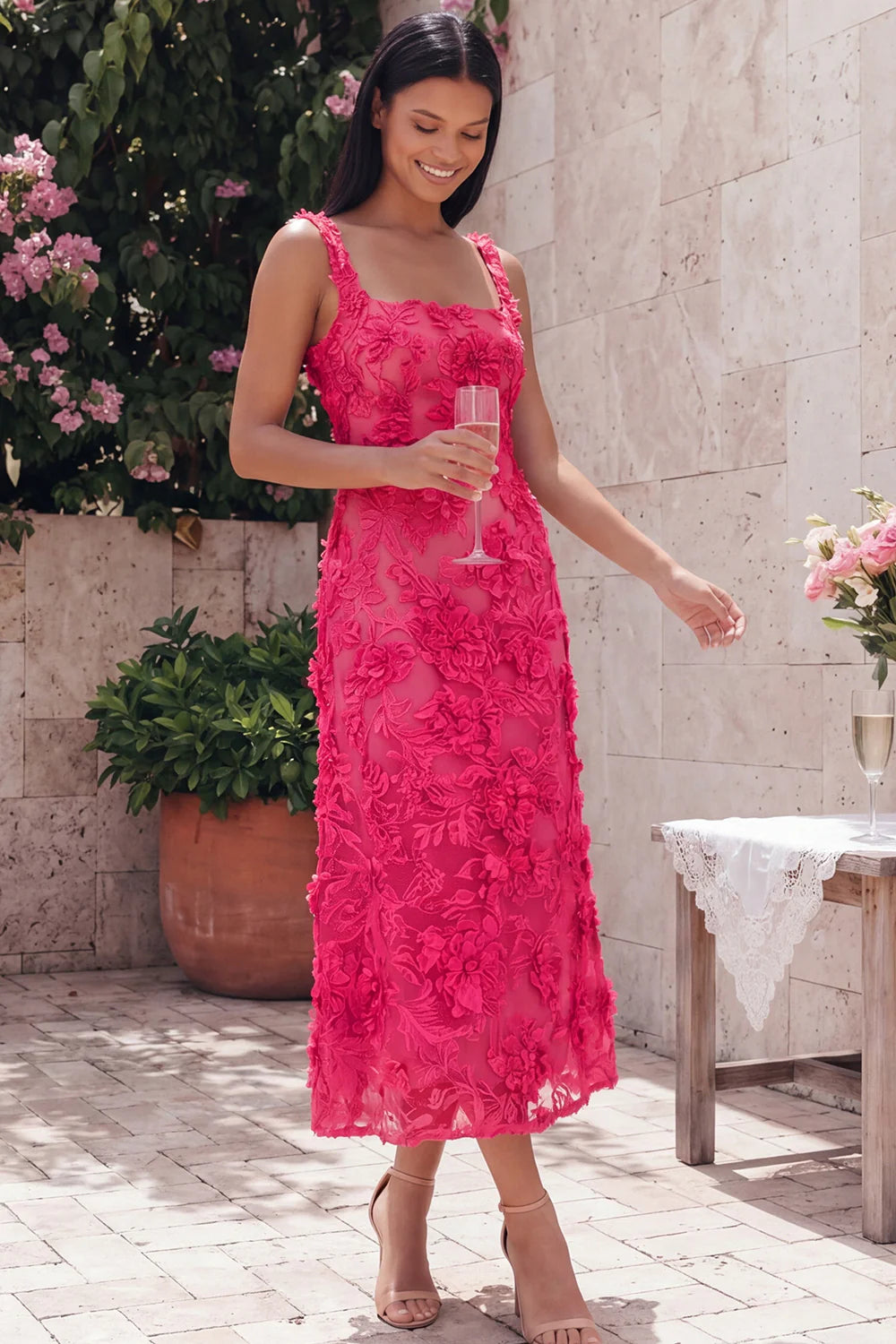 Blue Floral A Line Square Neck Midi Wedding Guest Dress