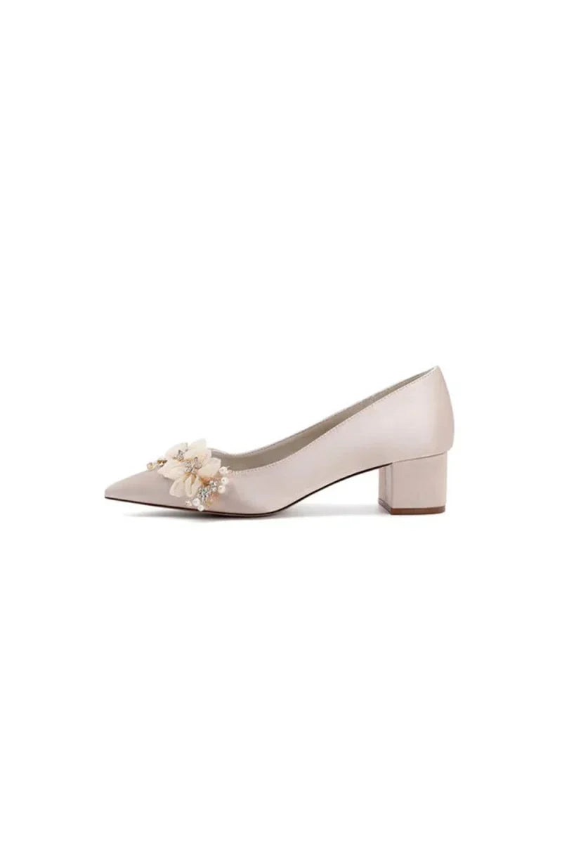Pointed Toe Satin Slip on Chunky Wedding Shoes With Flower