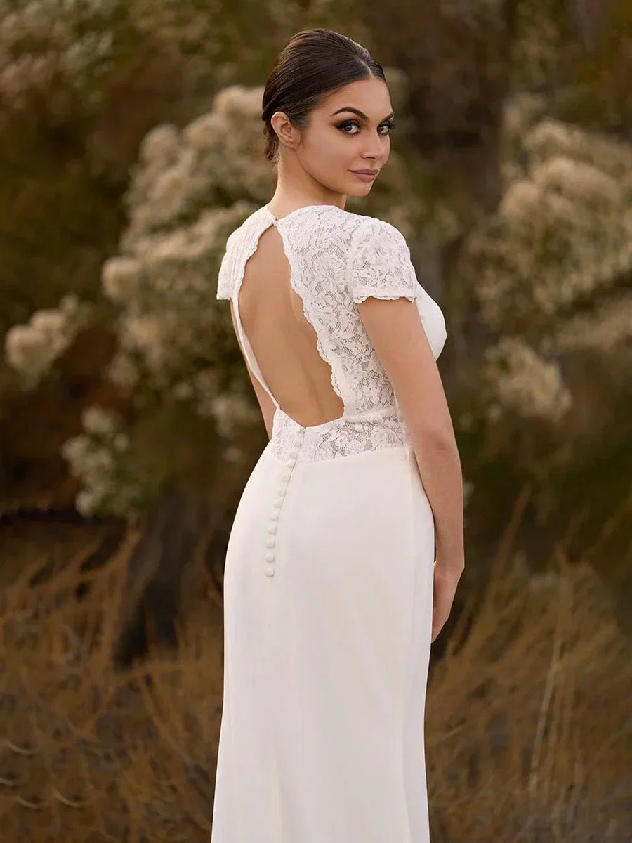 Modest Simple Sheath Short Sleeve Empire Floor Length Sweep Train Chiffon V neck Wedding Dress