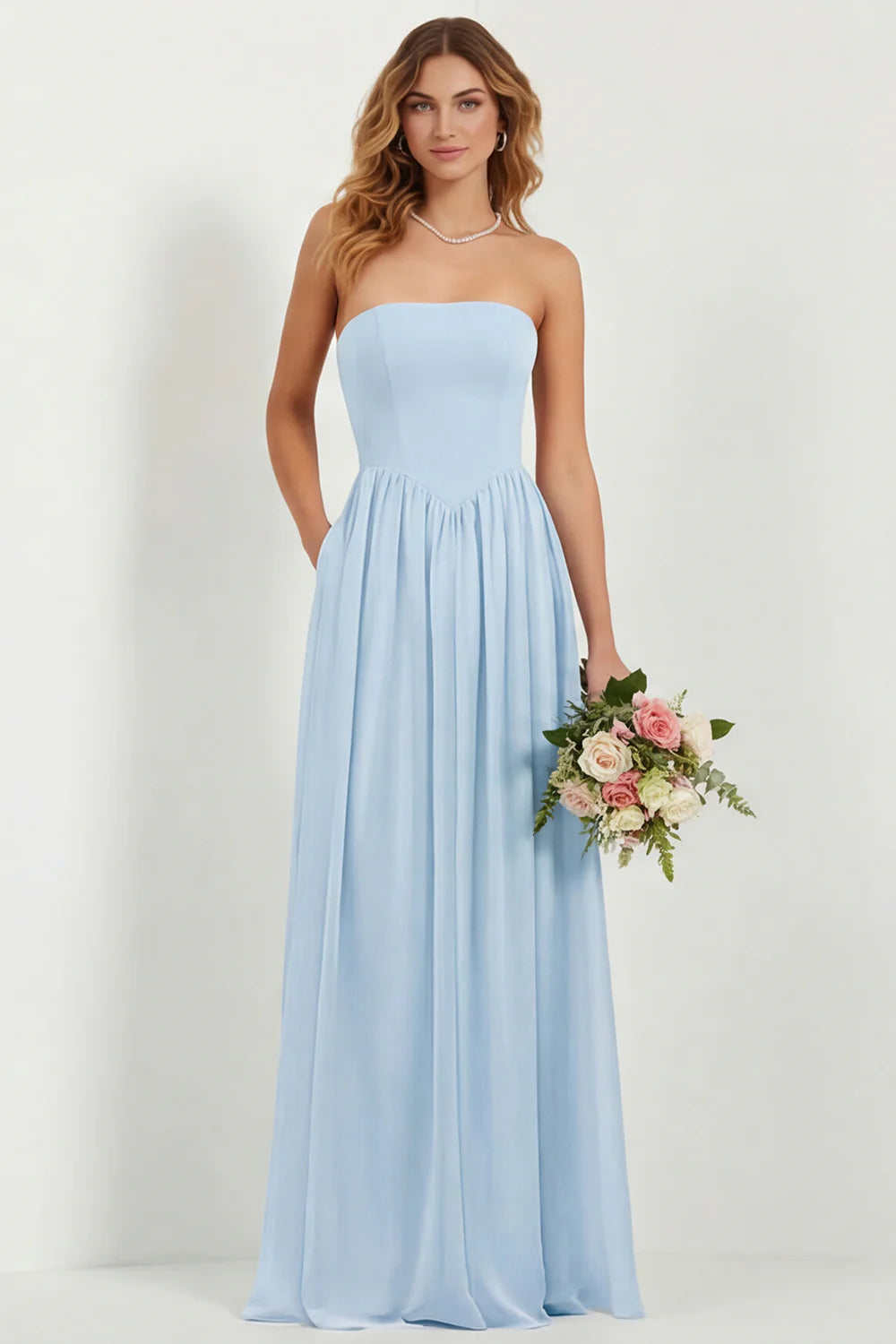 Strapless Eucalyptus Chiffon A Line Long Bridesmaid Dress with Pockets