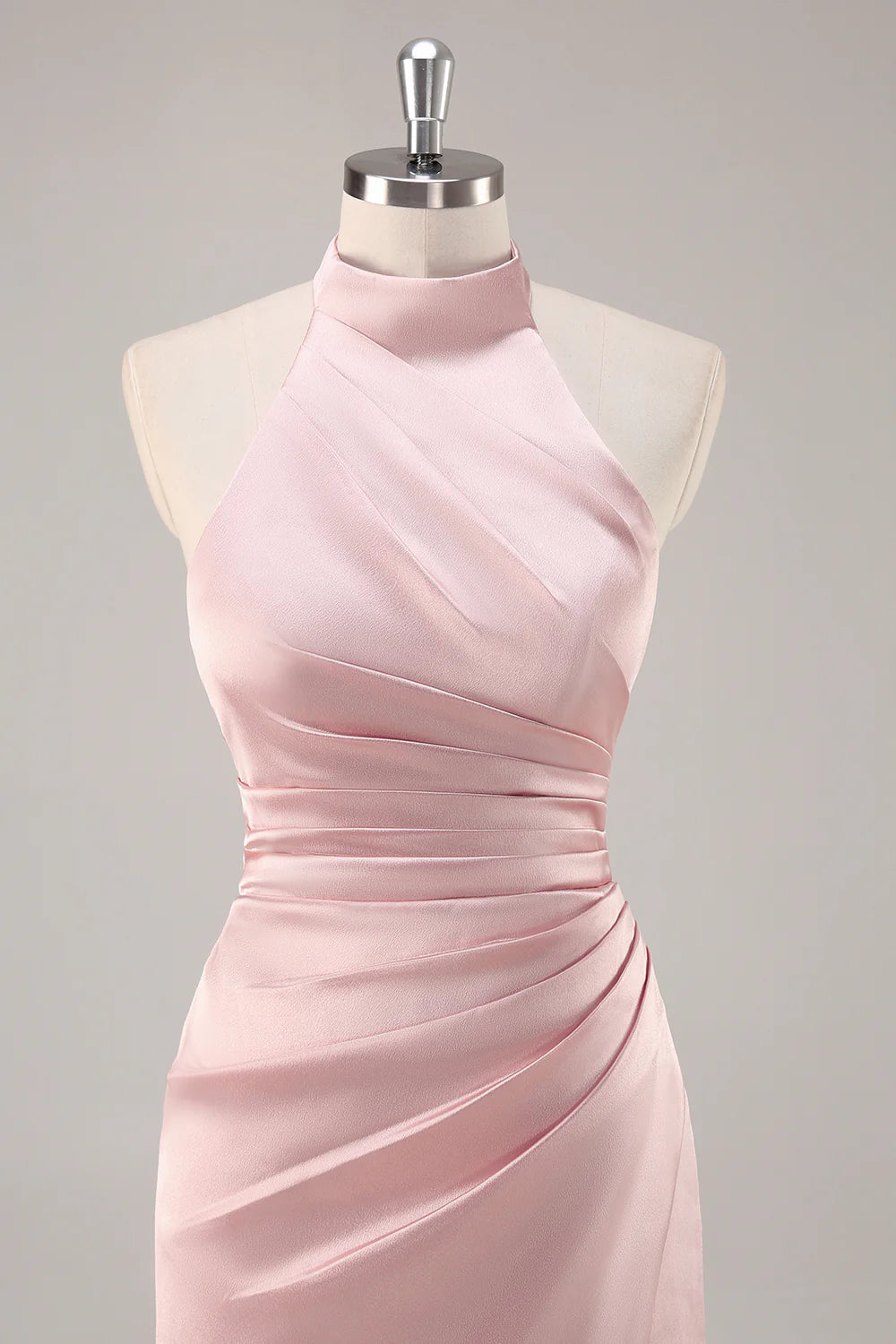 Sage Green Sheath Satin High Neck Backless Long Bridesmaid Dress with Side Slit