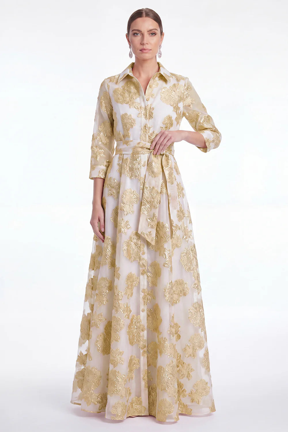Gold Floral Jacquard A Line Collar Mother of the Bride Dress with 3 4 Sleeves