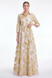 Gold Floral Jacquard A Line Collar Mother of the Bride Dress with 3 4 Sleeves