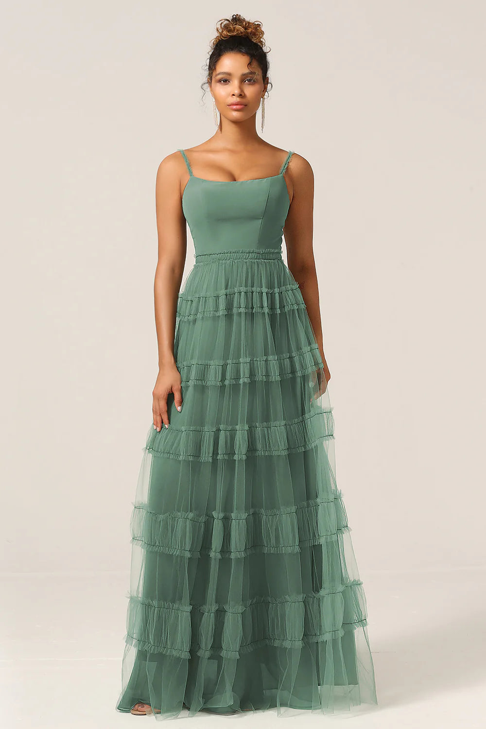 Eucalyptus A Line Spaghetti Straps Tiered Tulle Plus Size Bridesmaid Dress