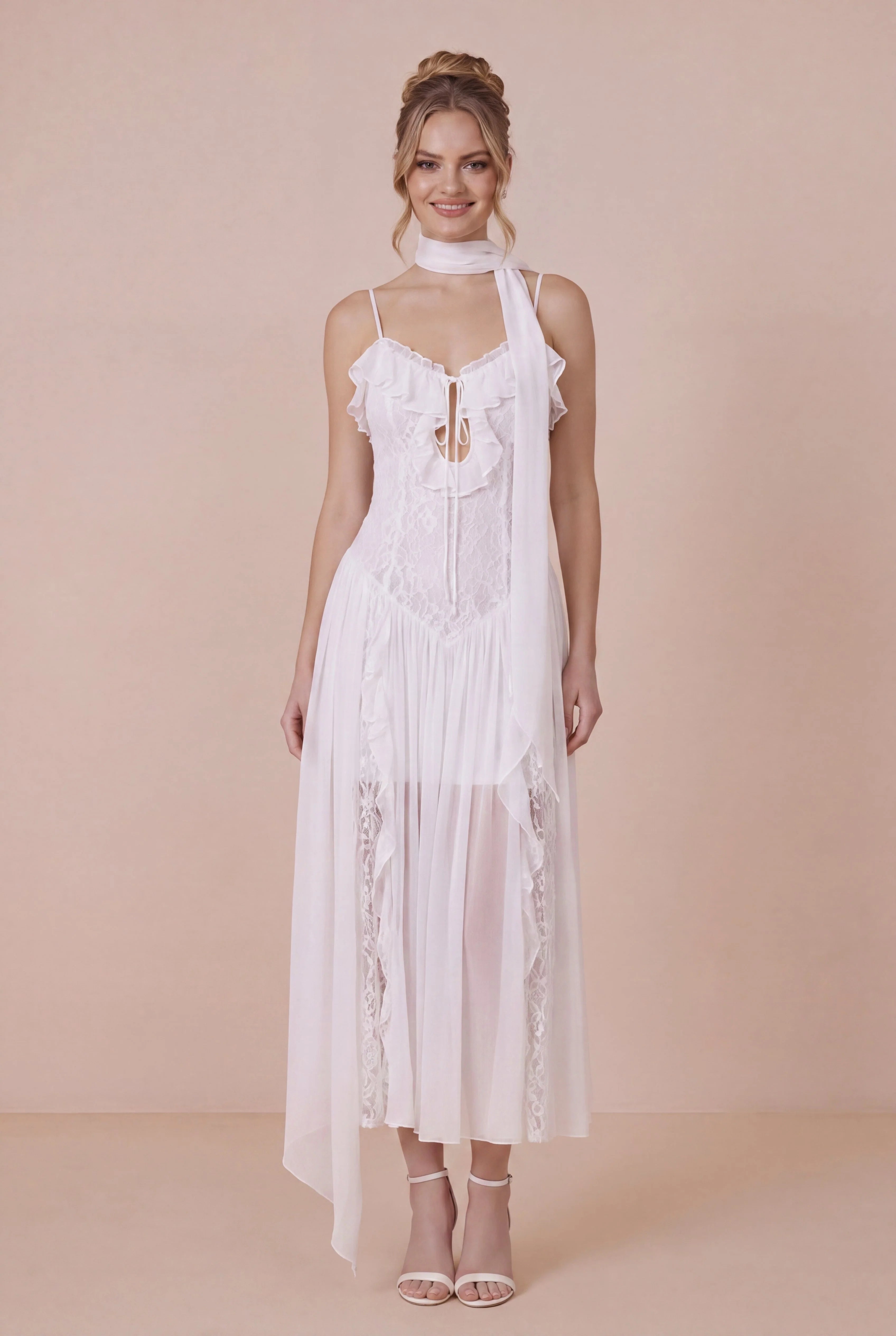 White Lace Ruffled Spaghetti Straps Engagement Dress with Scarf