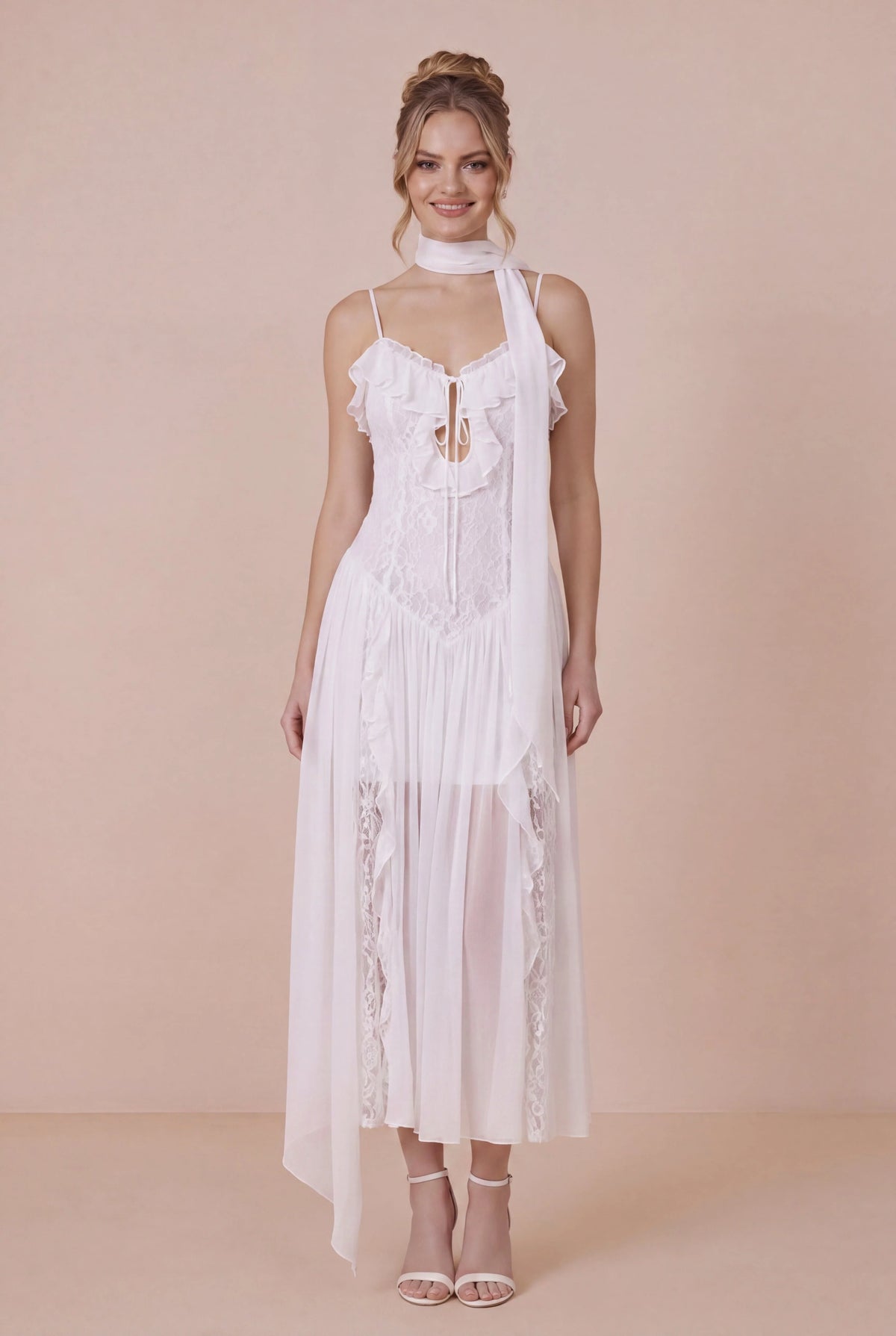 White Lace Ruffled Spaghetti Straps Engagement Dress with Scarf