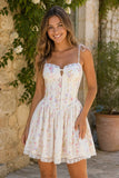 White Warm Rose Print Cotton Lace Trim Mini Dress