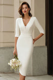 Ivory Pencil V Neck Midi Rehearsal Dinner Dress