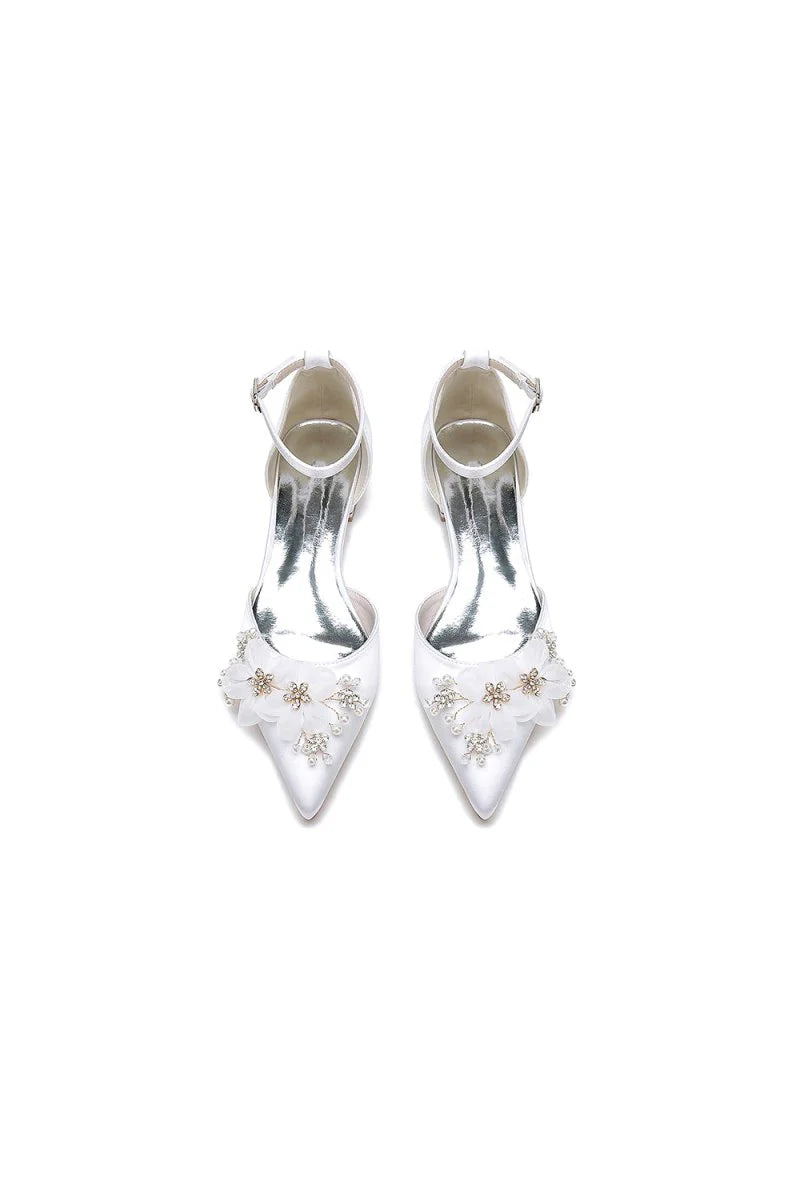 Ankle Strap Pointed Toe Low Heels with Rhinestone Flower