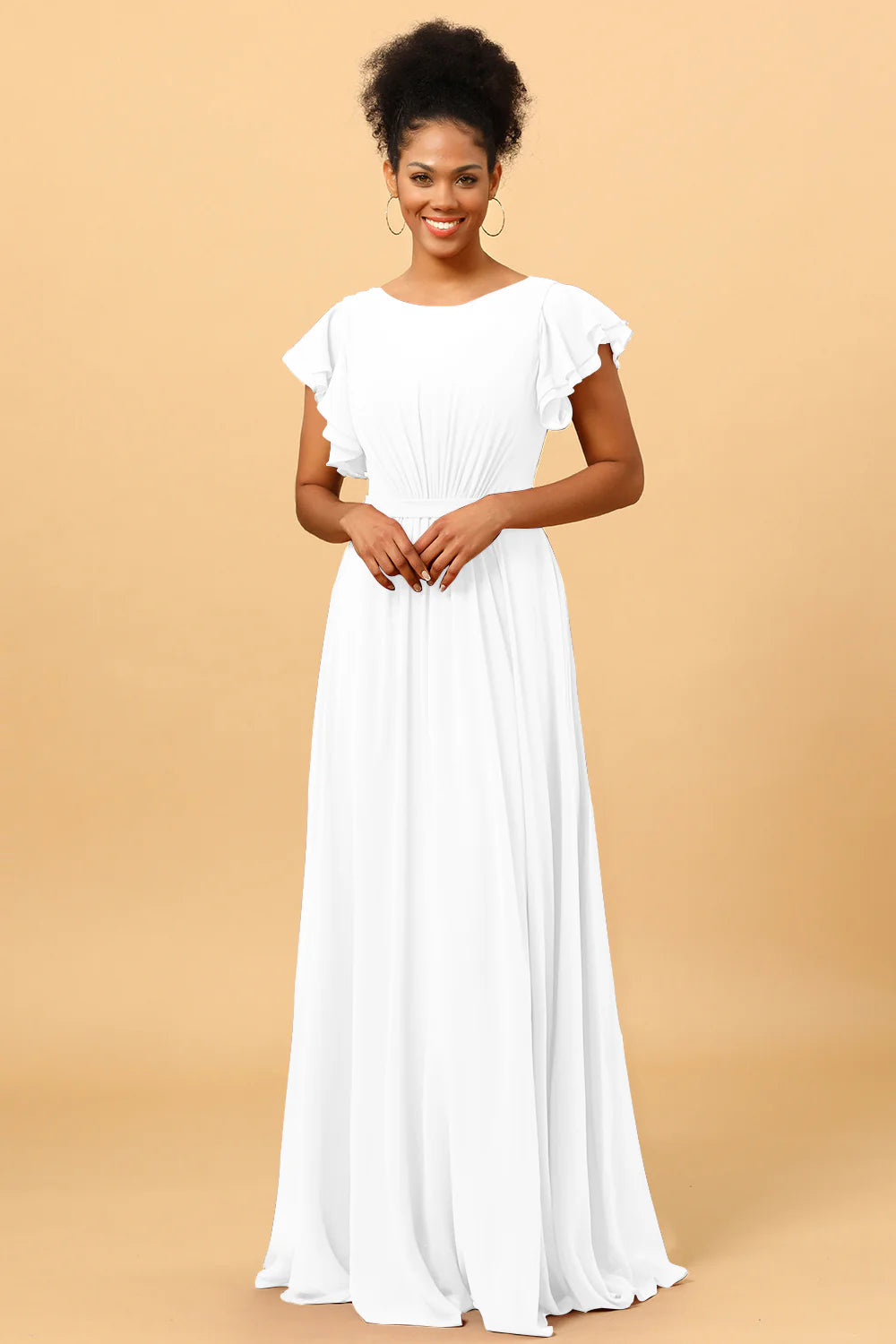 A Line Bateau Neck Ruched Long Chiffon Bridesmaid Dress with Ruffles