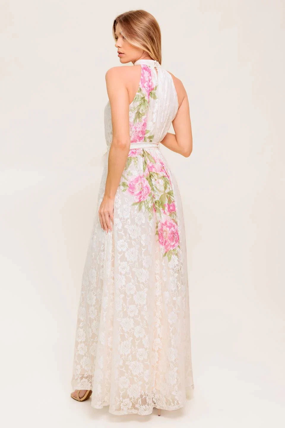 ROSE GARDEN IVORY LACE HALTER MAXI DRESS