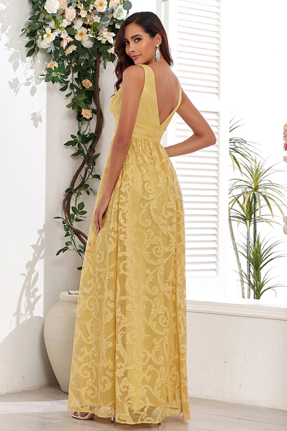 Yellow A Line V Neck Wedding Party Guest Dress With Appliques