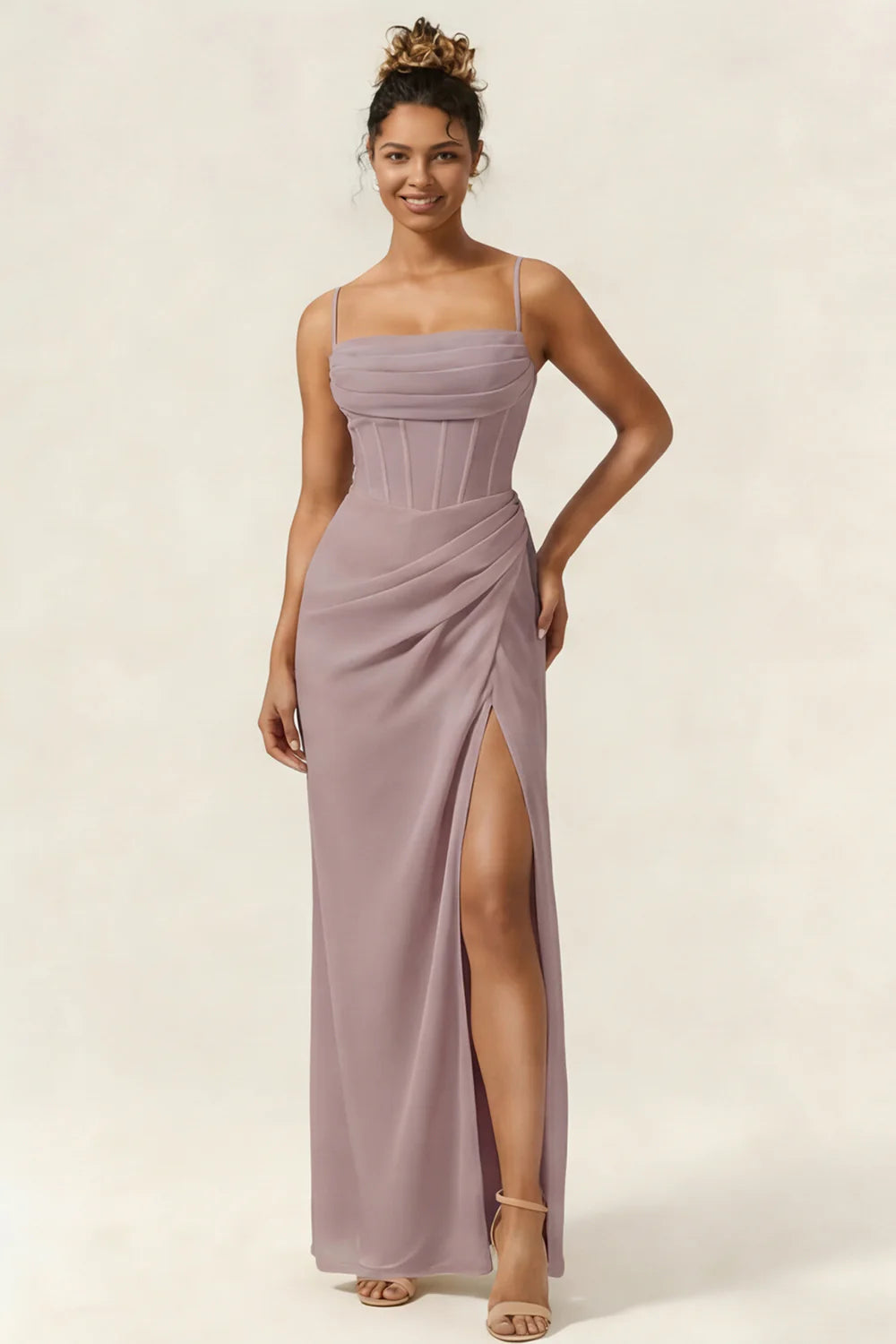 Green Flower Mermaid Corset Chiffon Long Bridesmaid Dress with Slit