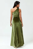 A Line One Shoulder Ruched Velvet Floor Length Dress