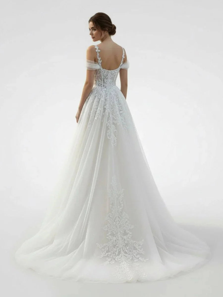 A Line Off The Shoulder Tulle Wedding Dresses With Appliques Lace