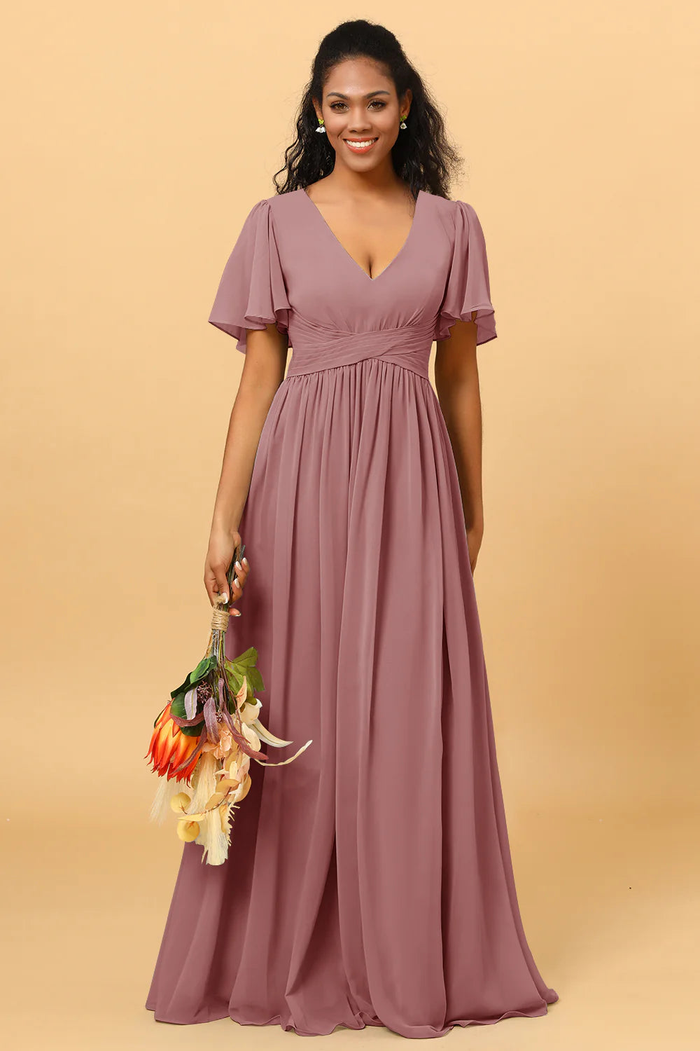 A Line V Neck Short Sleeves Chiffon Long Bridesmaid Dress