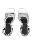 Metallic Silver Leather Block Heel Platform Sandals with Ankle Strap