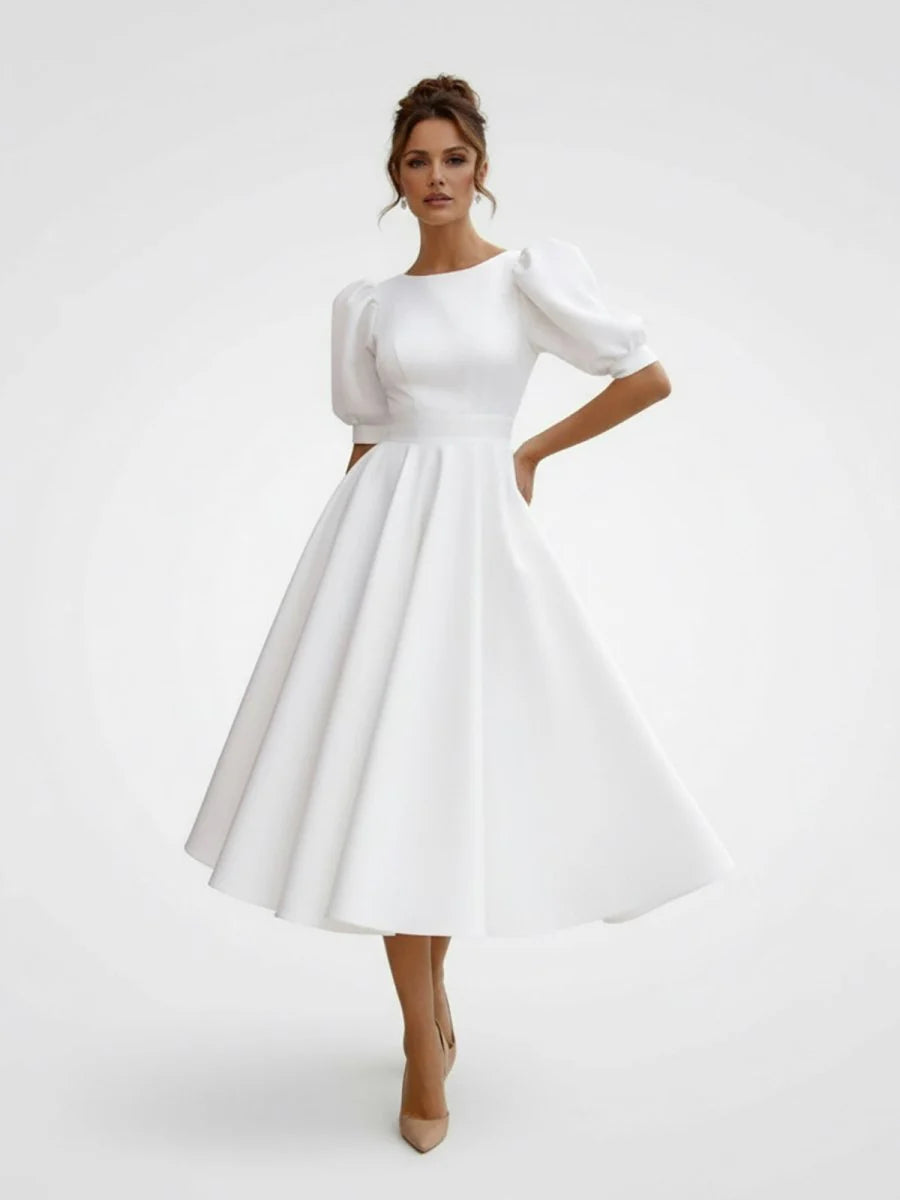 Elegant Bateau A Line Satin Knee length Wedding Dress