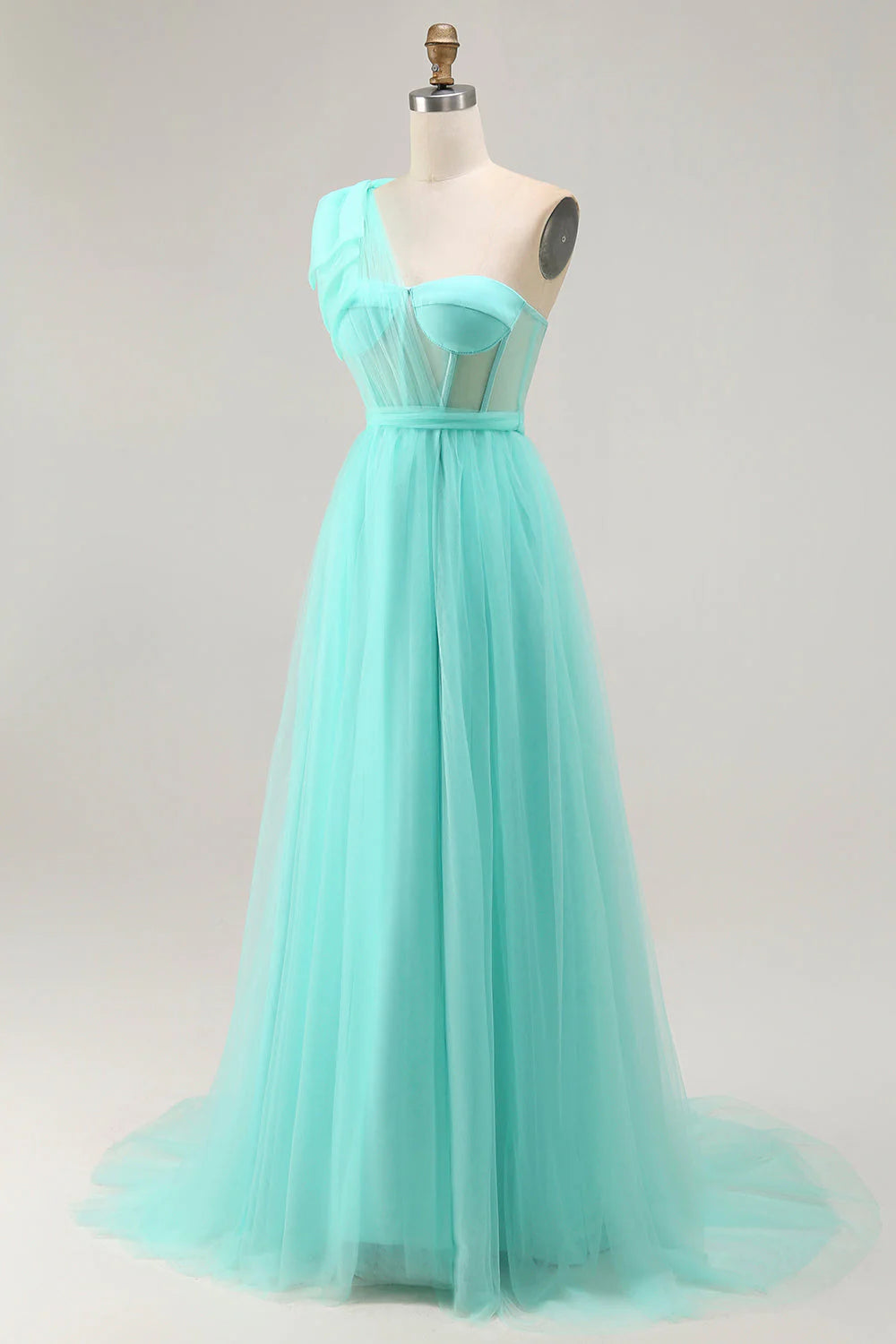 Mint Green A Line One Shoulder Sheer Corset Tulle Long Prom Dress with Slit