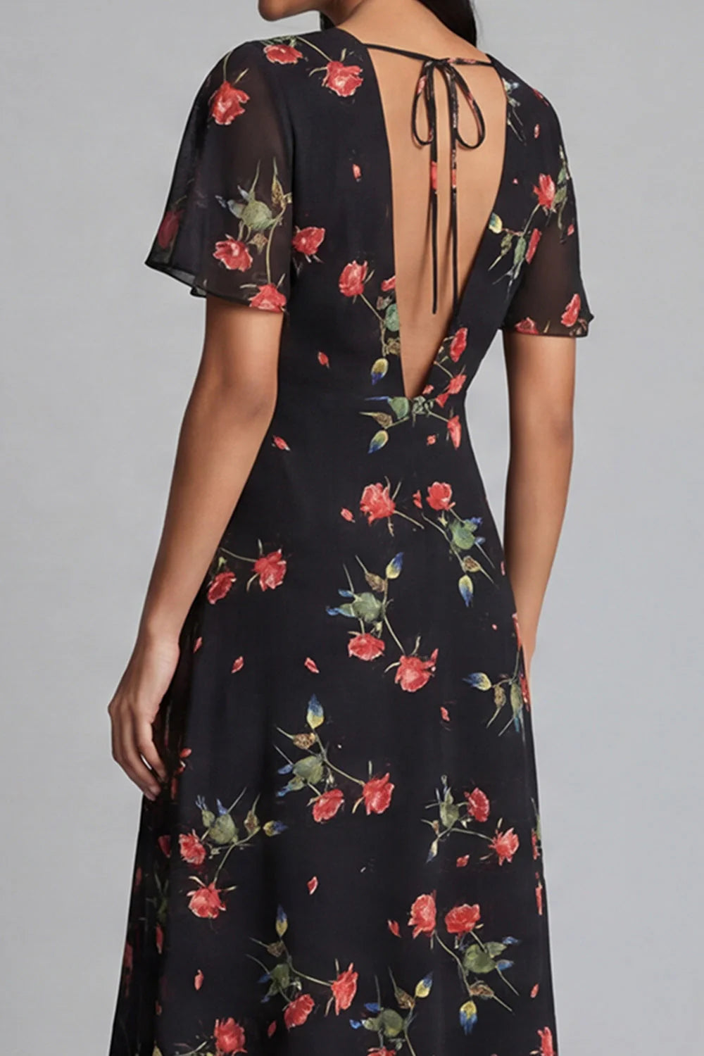 Floral Printed A Line Black Wedding Guest Dress with Short Sleeves