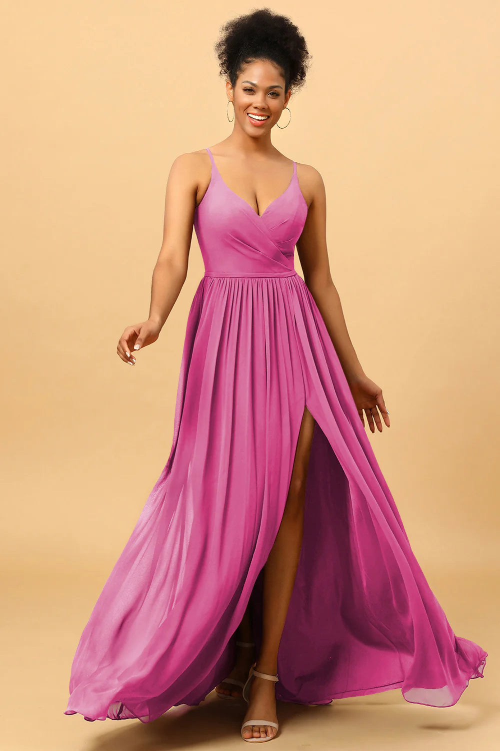 A Line Spaghetti Straps Ruched Long Chiffon Bridesmaid Dress with Slit