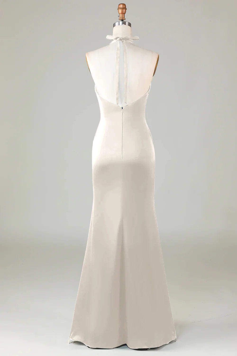 Blushing Pink Mermaid Halter V Neck Open Back Satin Ruched Long Bridesmaid Dress