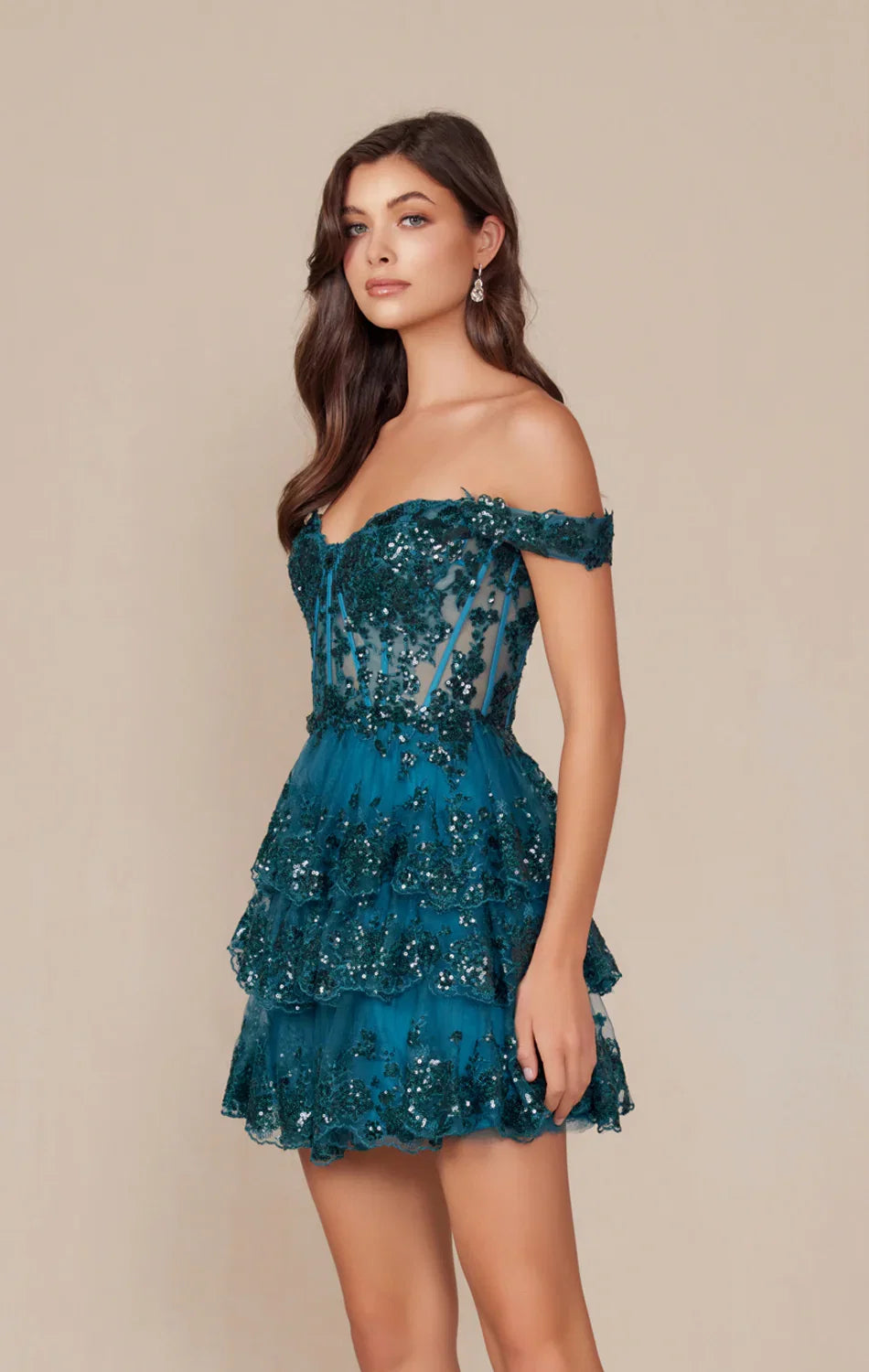 BRENNA MINI DRESS TEAL OFF SHOULDER TIERED SHORT DRESS