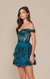 BRENNA MINI DRESS TEAL OFF SHOULDER TIERED SHORT DRESS