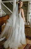 A Line Lace Bohemian V neck Wedding Dress With Low V Back And Appliques