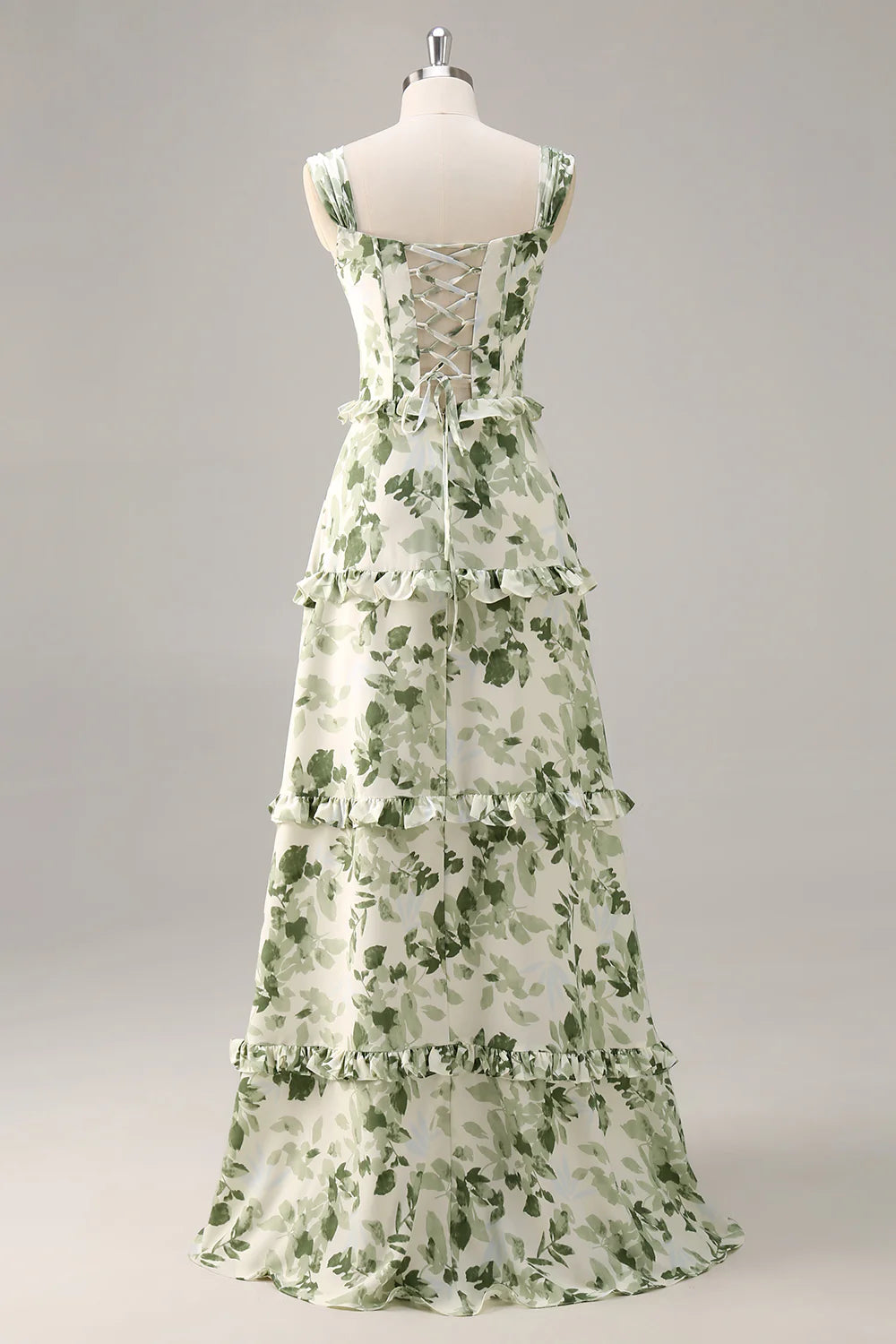 Green Flower A Line Corset Ruffle Long Plus Size Bridesmaid Dress with Lace Up Back