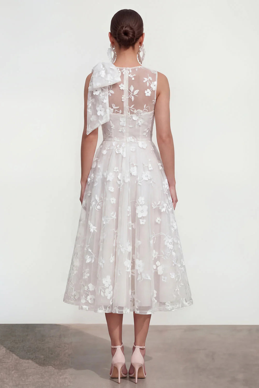 Floral Apricot A Line Bowed Midi Wedding Guest Dress