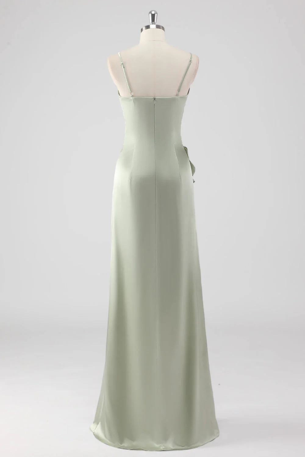 Sage Long Satin V Neck Ruffled Sheath Bridesmaid Dress